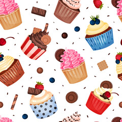 Tasty Cupcake Seamless Pattern Design with Sweet Dessert Vector Template
