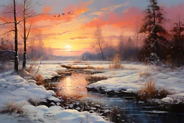 Foto op Plexiglas Zalmroze A picturesque winter landscape with a river, snow-covered trees on the riverbank and a dramatic cloudy sky at sunset. AI generation