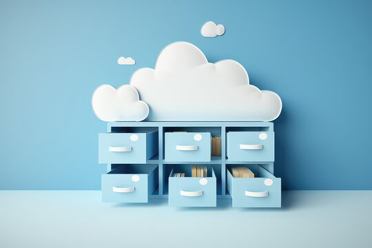 The cloud closet. Creative minimal concept of cloud storage, cloud internet data storage service. Isolated on flat background with copy space. 3d render cartoon illustration style.