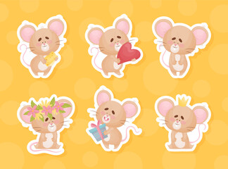 Cute Little Mouse in Different Activity Vector Sticker Set