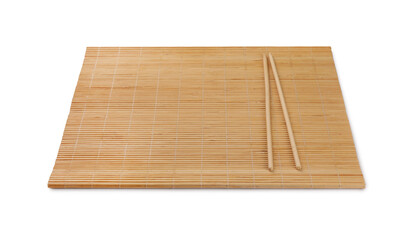 Bamboo mat and chopsticks isolated on white