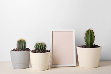 Different cacti in pots and empty frame on beige table