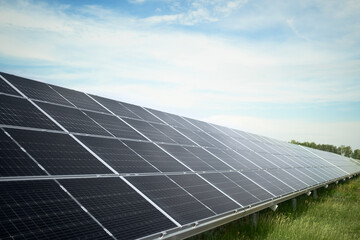 Solar panel, photovoltaic, alternative electricity source - concept of sustainable resources. Landscape of solar panels at solar power plant