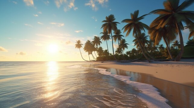 Tranquil beach with palm trees in the morning, Generative AI.