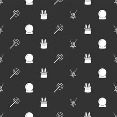 Set Pentagram on necklace, Magic ball, wand and Magician hat rabbit ears on seamless pattern. Vector