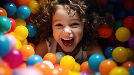 Fototapeta na wymiar Cute and smiling child has fun and jumps into the tub full of colorful balls. Happy and smiling. Generative AI