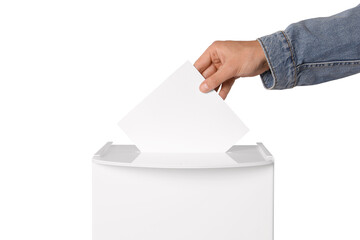 Man putting his vote into ballot box on white background, closeup