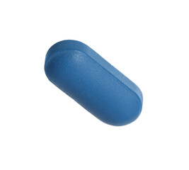 One blue pill on white background. Medicinal treatment