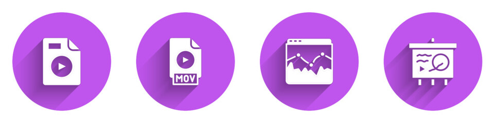 Set AVI file document, MOV, Music wave equalizer and Scenario on chalkboard icon with long shadow. Vector