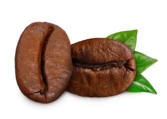 Fresh roasted coffee beans and leaves on white background