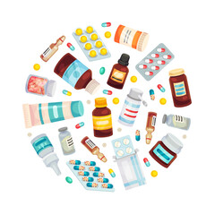 Drug and Medicine Round Composition Design with Pill and Tablets Vector Template