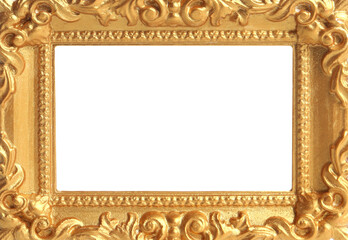 Golden vintage frame with blank white background. Mockup for design