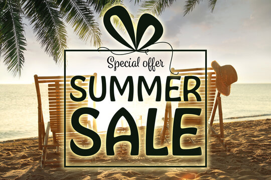 Hot summer sale flyer design. Beautiful view on sandy beach near sea and text