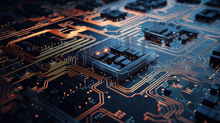 Complex network of circuits etched onto a microchip. Generative AI