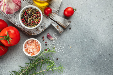 health cooking concept, Cooking table with herbs, spices, banner, menu, recipe place for text, top view