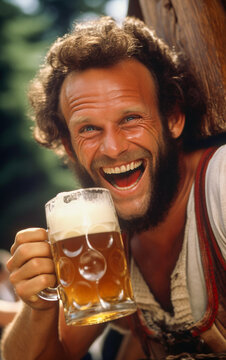 A happy, smiling man drinks a large mug of beer