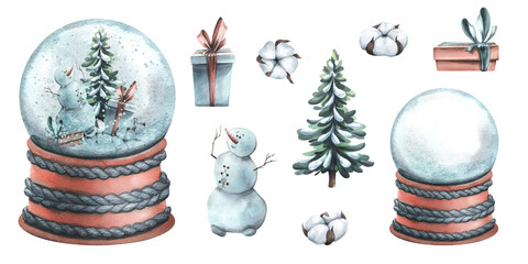 Glass snow globe on a knitted stand with a snowman, Christmas tree, gift boxes, cotton flowers. Watercolor illustration, hand drawn. Set of isolated clip art elements on white background.