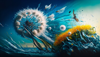 Dandelion concept with flash and swirl seeds against a blue sky and field.Generative AI