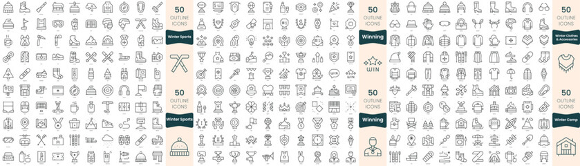 300 thin line icons bundle. In this set include winning, winter camp, winter clothes and accessories, winter sports