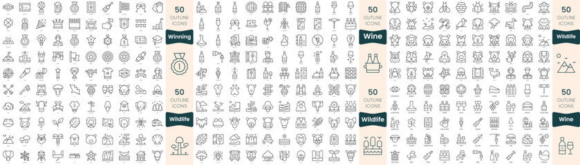 Fototapeta na wymiar 300 thin line icons bundle. In this set include wildlife, wine, winning
