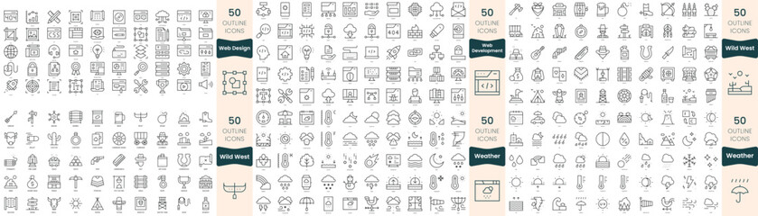 300 thin line icons bundle. In this set include weather, web design, web development, wild west