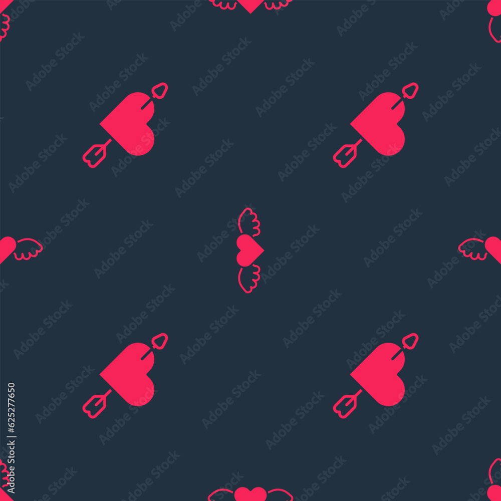 Poster set amour with heart and arrow and heart wings on seamless pattern. vector