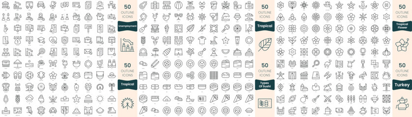 300 thin line icons bundle. In this set include tropical flower, tropical, turkey, types of sushi, unemployment