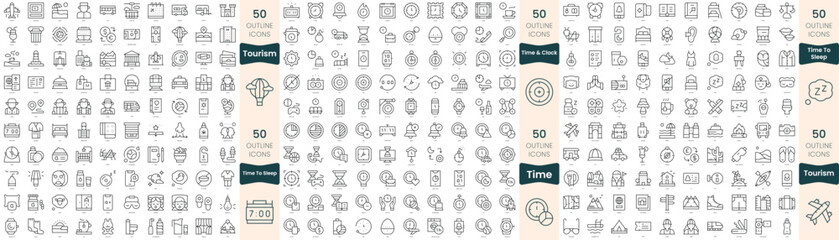 300 thin line icons bundle. In this set include time and clock, time to sleep, time, tourism