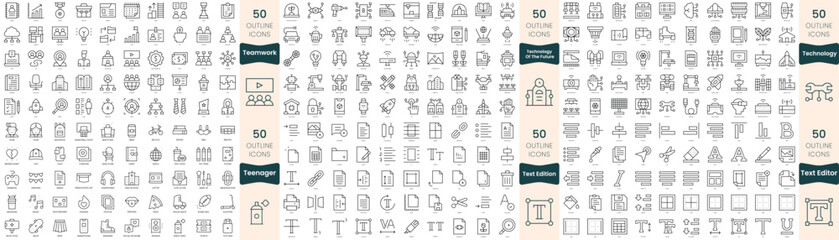300 thin line icons bundle. In this set include teamwork, technology of the future, technology, teenager, text edition, text editor