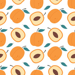 Seamless pattern with fresh apricots whole and half. Healthy and organic food. Ripe apricot and leaves endless background. Summer fruits in flat style for textile. Vector illustration