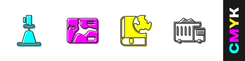 Set Tacheometer, theodolite, Topographic map, Earth globe and book and Mining dump truck icon. Vector © Vadim
