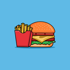 Burger And French Fries flat cartoon icon isolated on blue background. Simple Fast Food in flat style, vector illustration for web and mobile design. Fast food elements vector sign symbol.