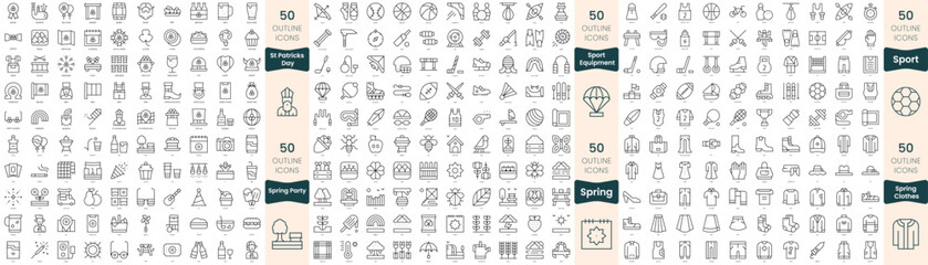 300 thin line icons bundle. In this set include sport equipment, sport, spring clothes, spring party, spring, st patricks day