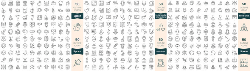 300 thin line icons bundle. In this set include social club, social media interactions, south africa, space, spain