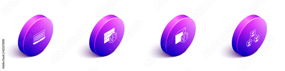 Poster set isometric binary code, nft blockchain technology, digital crypto art and icon. vector