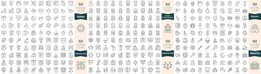 300 thin line icons bundle. In this set include sales, sauna, science fair, science fiction avatars