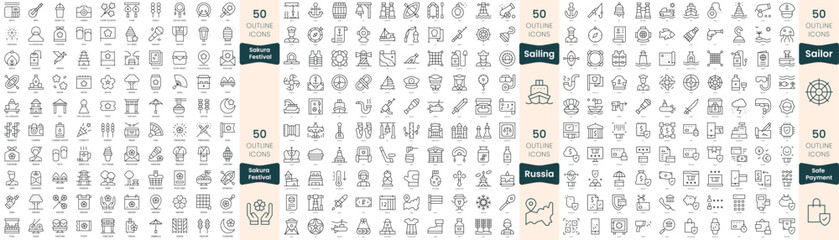 300 thin line icons bundle. In this set include russia, safe payment, sailing, sailor, sakura festival - obrazy, fototapety, plakaty