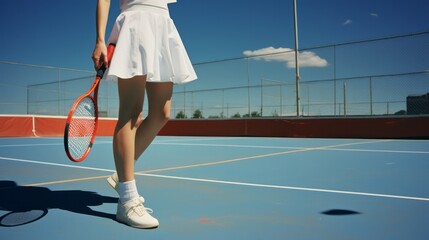 Female Tennis player in a white tennis skirt holding a red racket standing on a blue tennis court during midday