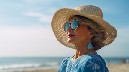 Middle-aged blonde woman in a sun hat and sunglasses at the beach on a sunny summer day. 