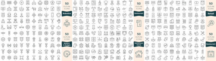 300 thin line icons bundle. In this set include restaurant, retail, retirement home, reward and badges, robotics