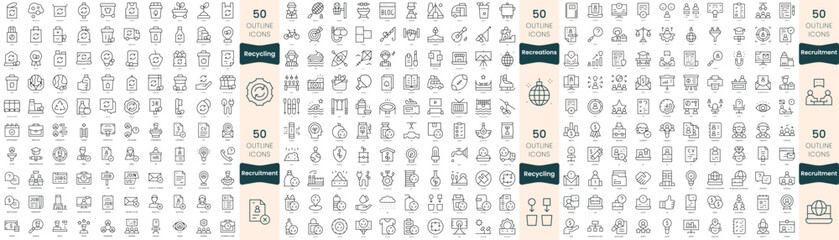 300 thin line icons bundle. In this set include recreations, recruitment, recycling - obrazy, fototapety, plakaty