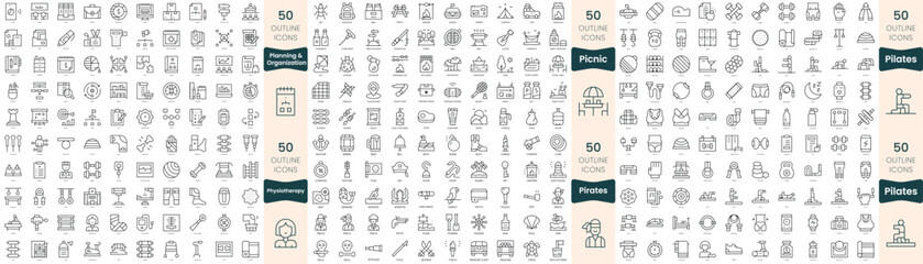 300 thin line icons bundle. In this set include physiotherapy, picnic, pilates, pirates, planning and organization