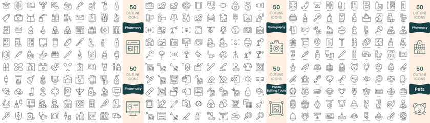 300 thin line icons bundle. In this set include pets, pharmacy, photo editing tools, photography - obrazy, fototapety, plakaty