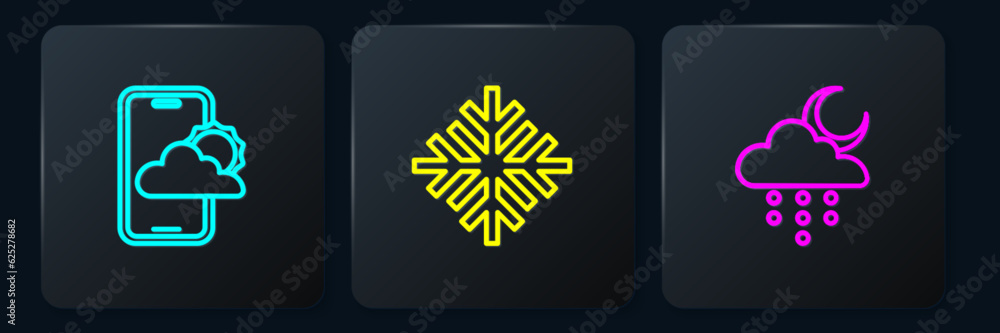 Poster set line weather forecast, cloud with rain and moon and snowflake. black square button. vector
