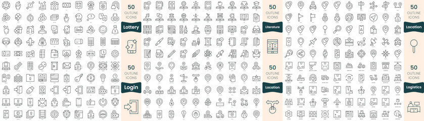 300 thin line icons bundle. In this set include literature, location, login, logistics, lottery