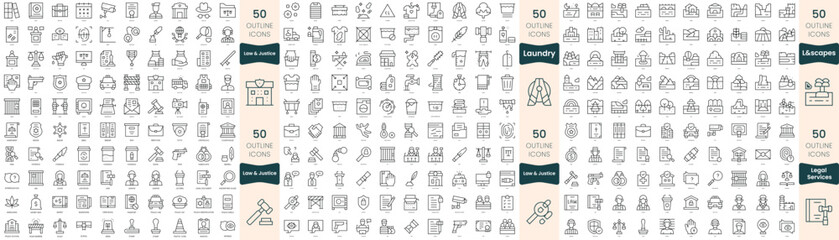 300 thin line icons bundle. In this set include landscapes, laundry, law and justice, legal services