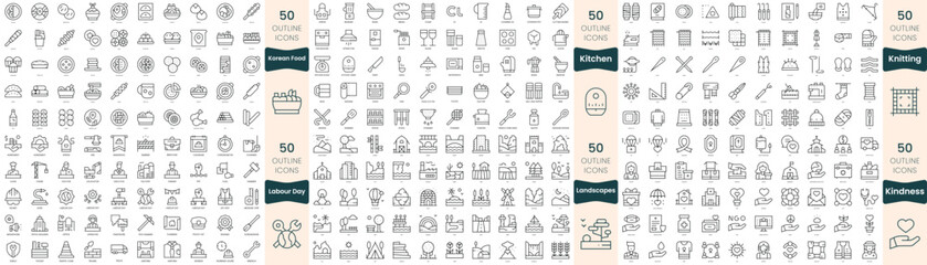 300 thin line icons bundle. In this set include kindness, kitchen, knitting, korean food, labour day, landscapes