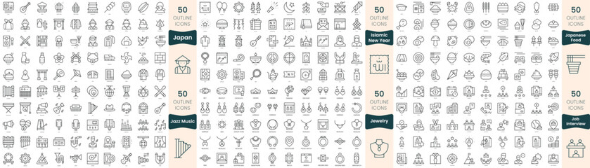300 thin line icons bundle. In this set include islamic new year, japan, japanese food, jazz music, jewelry, job interview