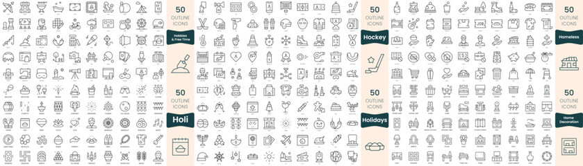 300 thin line icons bundle. In this set include hobbies and free time, hockey, holi, holidays, home decoration, homeless