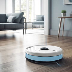 Modern robot vacuum cleaner on soft carpet in room - obrazy, fototapety, plakaty